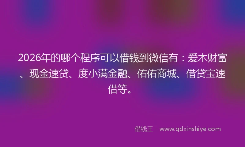 2026年的哪个程序可以借钱到微信有：爱木财富、现金速贷、度小满金融、佑佑商城、借贷宝速借等。