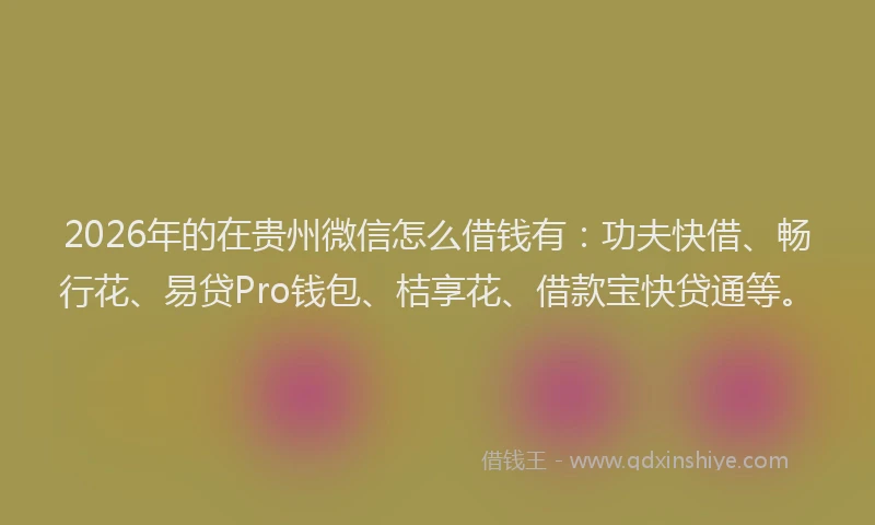2026年的在贵州微信怎么借钱有:功夫快借、畅行花、易贷Pro钱包、桔享花、借款宝快贷通等。