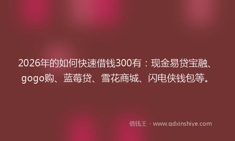 2026年的如何快速借钱300有：现金易贷宝融、gogo购、蓝莓贷、雪花商城、闪电侠钱包等。