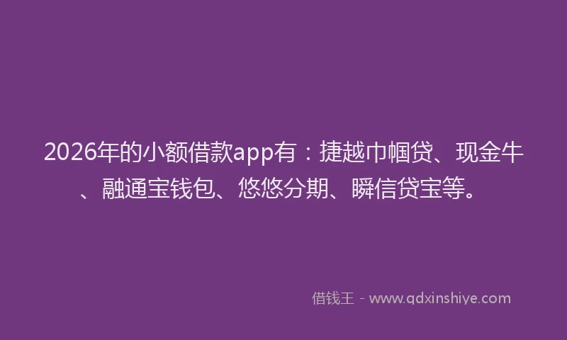 2026年的小额借款app有：捷越巾帼贷、现金牛、融通宝钱包、悠悠分期、瞬信贷宝等。