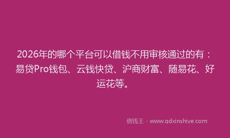 2026年的哪个平台可以借钱不用审核通过的有:易贷Pro钱包、云钱快贷、沪商财富、随易花、好运花等。
