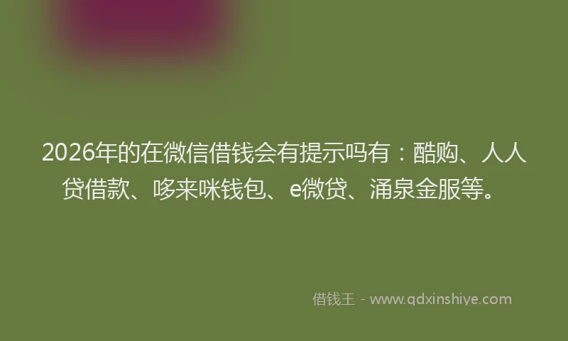 2026年的在微信借钱会有提示吗有：酷购、人人贷借款、哆来咪钱包、e微贷、涌泉金服等。