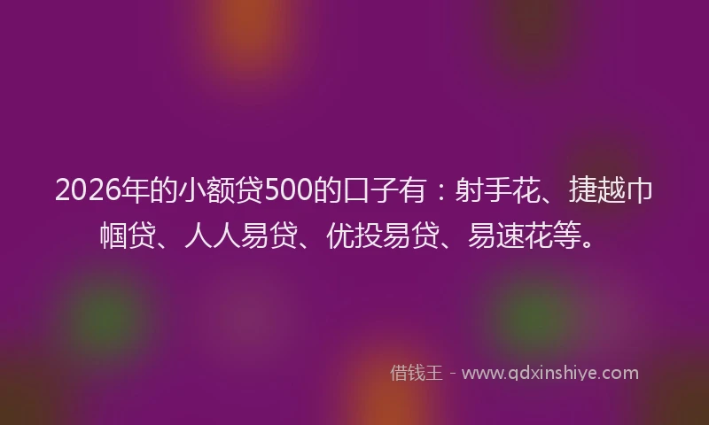 2026年的小额贷500的口子有：射手花、捷越巾帼贷、人人易贷、优投易贷、易速花等。