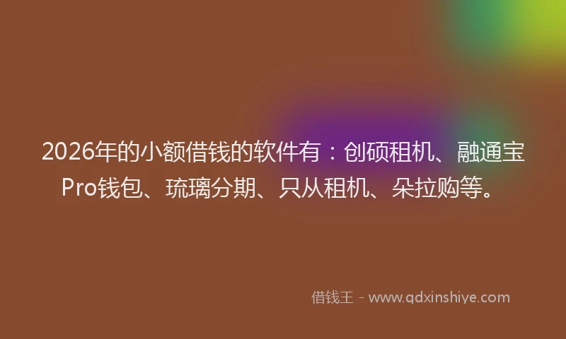 2026年的小额借钱的软件有：创硕租机、融通宝Pro钱包、琉璃分期、只从租机、朵拉购等。