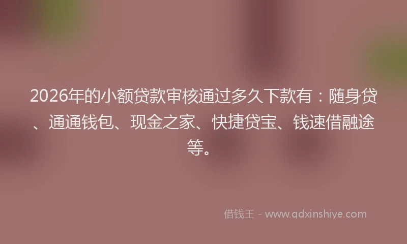 2026年的小额贷款审核通过多久下款有：随身贷、通通钱包、现金之家、快捷贷宝、钱速借融途等。