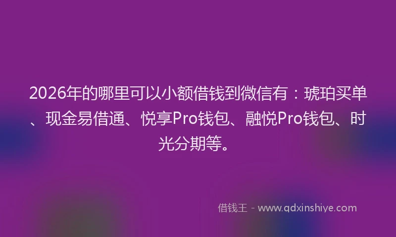 2026年的哪里可以小额借钱到微信有:琥珀买单、现金易借通、悦享Pro钱包、融悦Pro钱包、时光分期等。