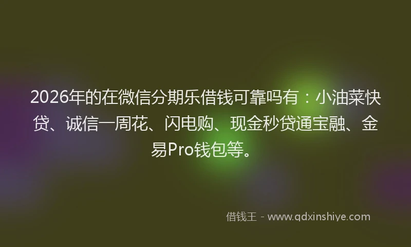 2026年的在微信分期乐借钱可靠吗有:小油菜快贷、诚信一周花、闪电购、现金秒贷通宝融、金易Pro钱包等。