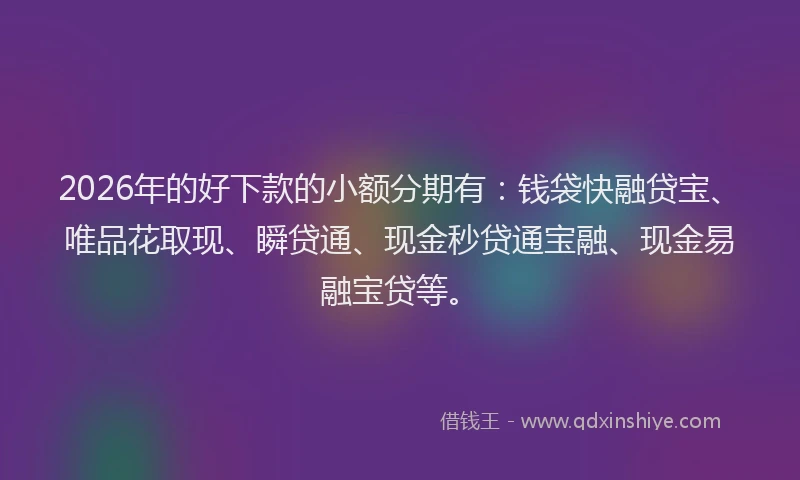 2026年的好下款的小额分期有：钱袋快融贷宝、唯品花取现、瞬贷通、现金秒贷通宝融、现金易融宝贷等。