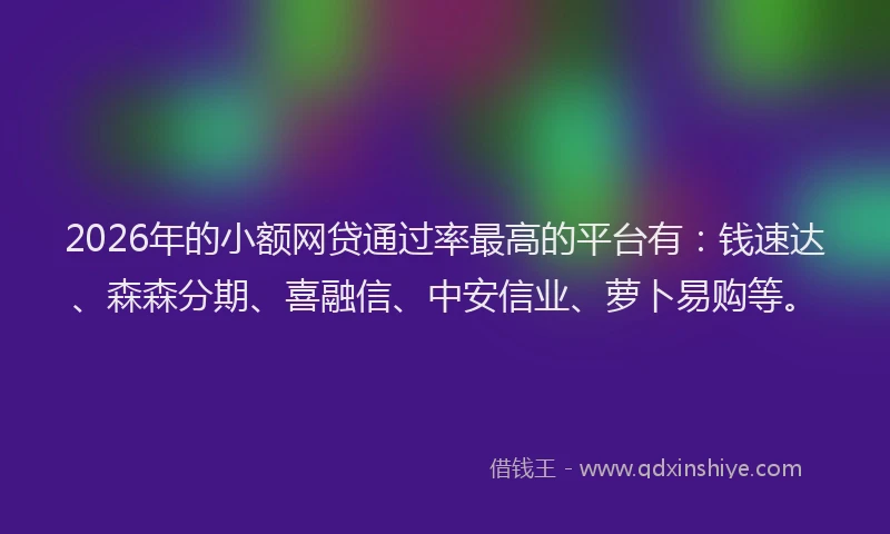 2026年的小额网贷通过率最高的平台有：钱速达、森森分期、喜融信、中安信业、萝卜易购等。