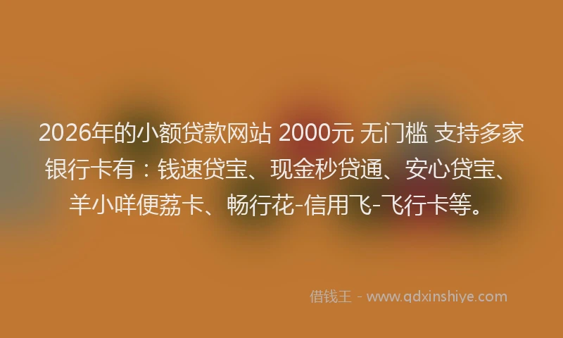 2026年的小额贷款网站 2000元 无门槛 支持多家银行卡有：钱速贷宝、现金秒贷通、安心贷宝、羊小咩便荔卡、畅行花-信用飞-飞行卡等。