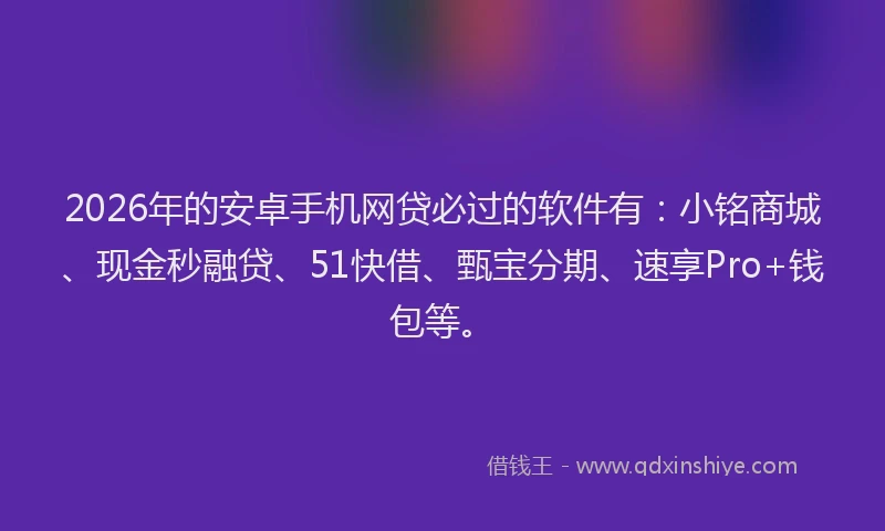 2026年的安卓手机网贷必过的软件有：小铭商城、现金秒融贷、51快借、甄宝分期、速享Pro+钱包等。