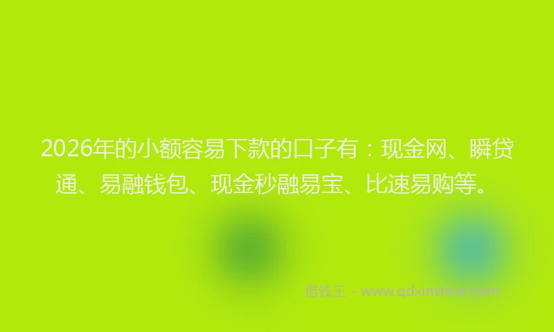 2026年的小额容易下款的口子有:现金网、瞬贷通、易融钱包、现金秒融易宝、比速易购等。