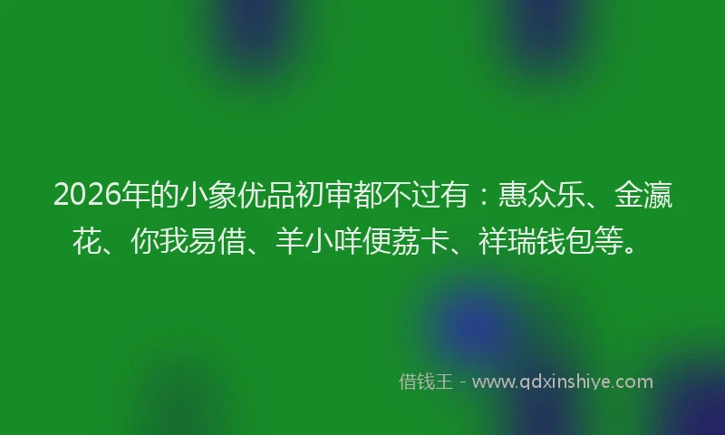 2026年的小象优品初审都不过有：惠众乐、金瀛花、你我易借、羊小咩便荔卡、祥瑞钱包等。