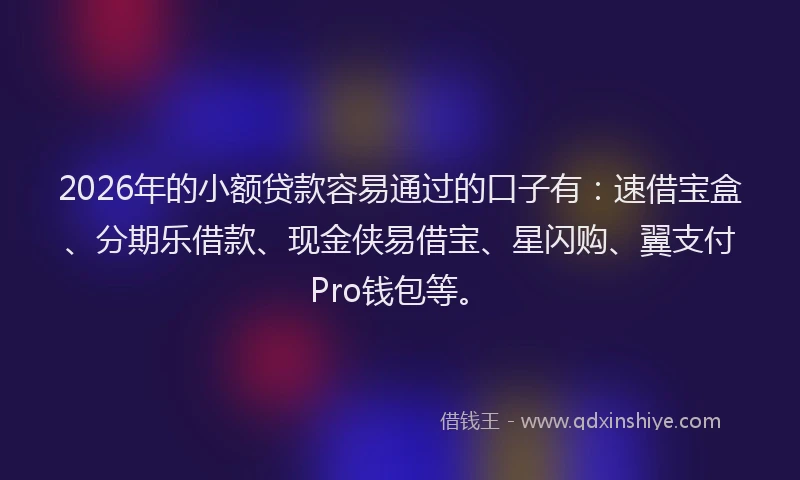 2026年的小额贷款容易通过的口子有：速借宝盒、分期乐借款、现金侠易借宝、星闪购、翼支付Pro钱包等。