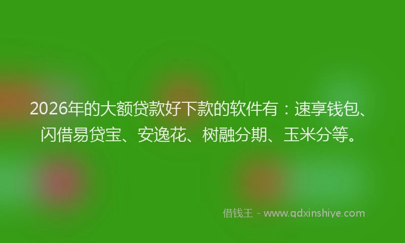 2026年的大额贷款好下款的软件有：速享钱包、闪借易贷宝、安逸花、树融分期、玉米分等。