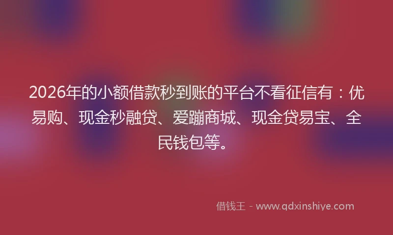 2026年的小额借款秒到账的平台不看征信有：优易购、现金秒融贷、爱蹦商城、现金贷易宝、全民钱包等。