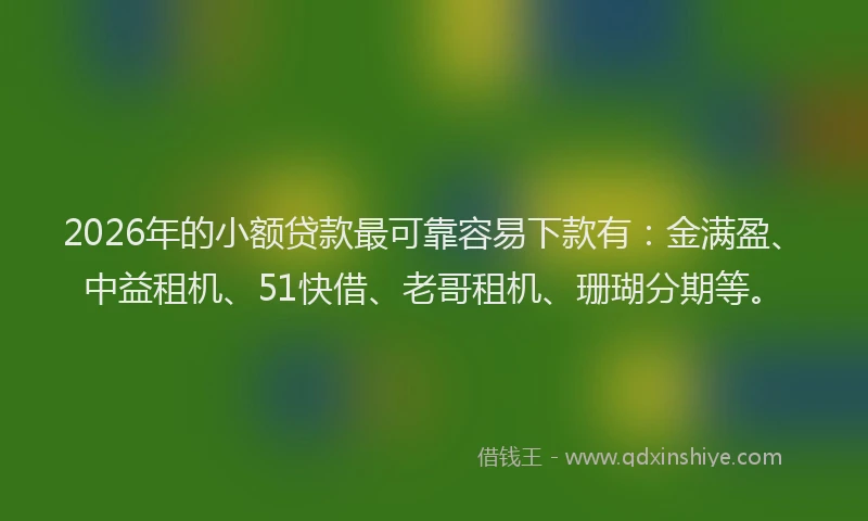 2026年的小额贷款最可靠容易下款有：金满盈、中益租机、51快借、老哥租机、珊瑚分期等。