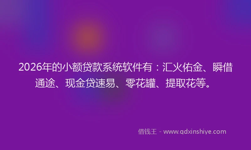 2026年的小额贷款系统软件有：汇火佑金、瞬借通途、现金贷速易、零花罐、提取花等。