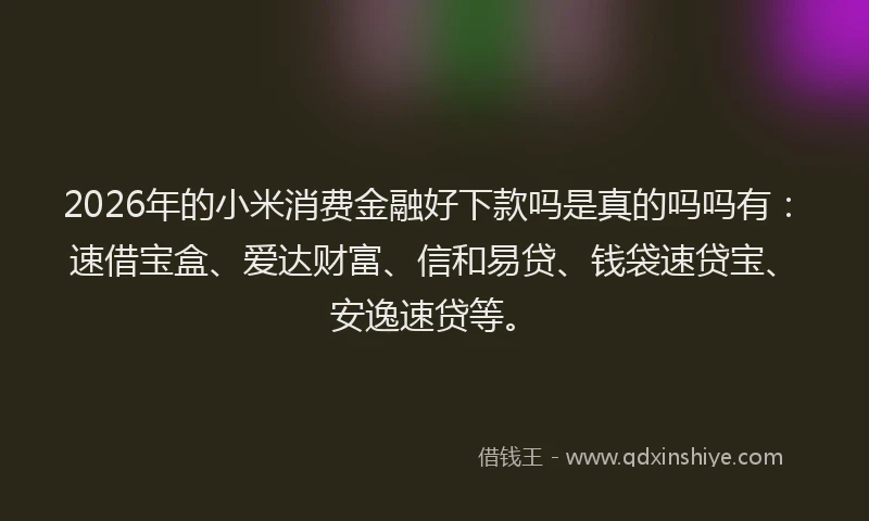 2026年的小米消费金融好下款吗是真的吗吗有：速借宝盒、爱达财富、信和易贷、钱袋速贷宝、安逸速贷等。