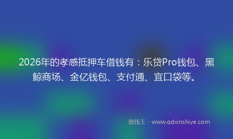 2026年的孝感抵押车借钱有：乐贷Pro钱包、黑鲸商场、金亿钱包、支付通、宜口袋等。
