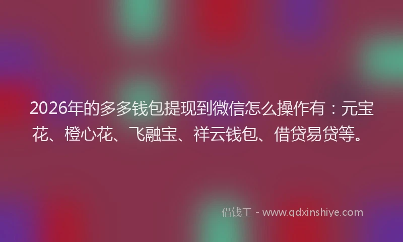 2026年的多多钱包提现到微信怎么操作有：元宝花、橙心花、飞融宝、祥云钱包、借贷易贷等。