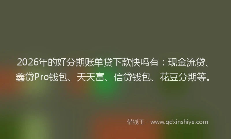 2026年的好分期账单贷下款快吗有：现金流贷、鑫贷Pro钱包、天天富、信贷钱包、花豆分期等。