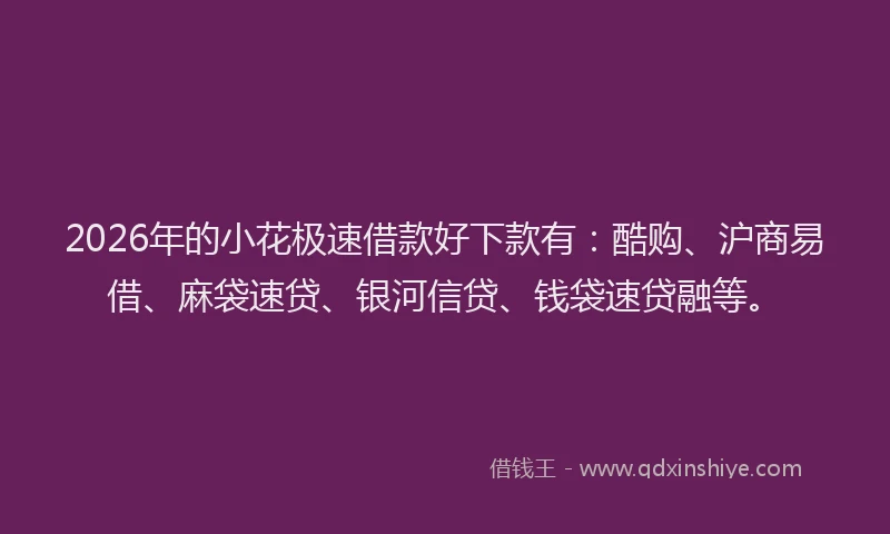 2026年的小花极速借款好下款有：酷购、沪商易借、麻袋速贷、银河信贷、钱袋速贷融等。