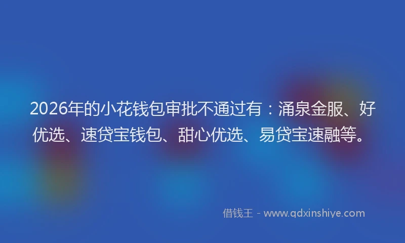 2026年的小花钱包审批不通过有：涌泉金服、好优选、速贷宝钱包、甜心优选、易贷宝速融等。