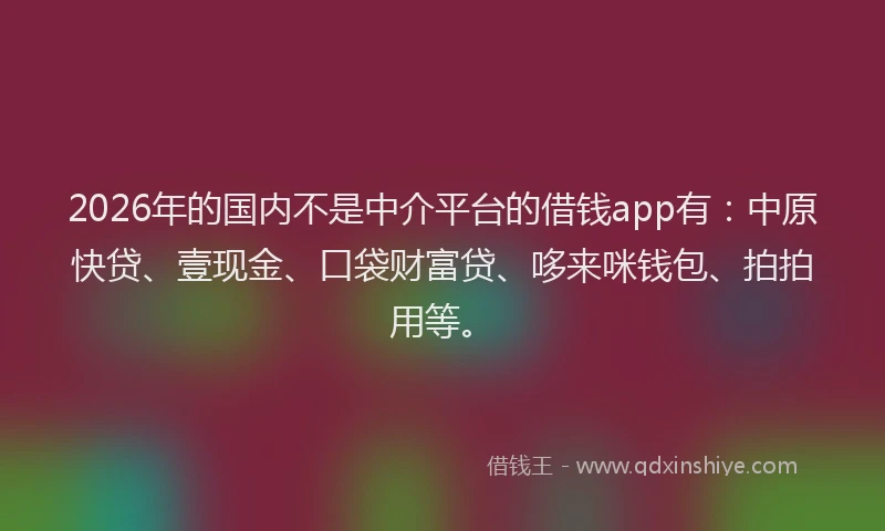 2026年的国内不是中介平台的借钱app有：中原快贷、壹现金、口袋财富贷、哆来咪钱包、拍拍用等。