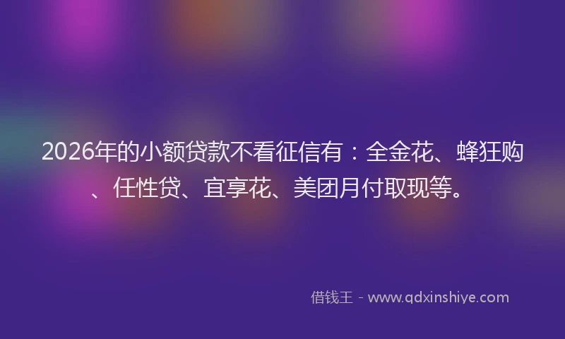 2026年的小额贷款不看征信有：全金花、蜂狂购、任性贷、宜享花、美团月付取现等。
