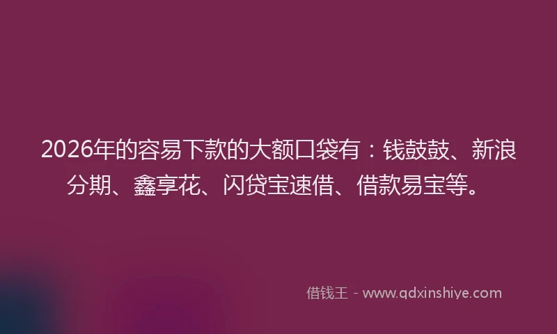 2026年的容易下款的大额口袋有：钱鼓鼓、新浪分期、鑫享花、闪贷宝速借、借款易宝等。