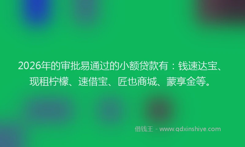 2026年的审批易通过的小额贷款有：钱速达宝、现租柠檬、速借宝、匠也商城、蒙享金等。