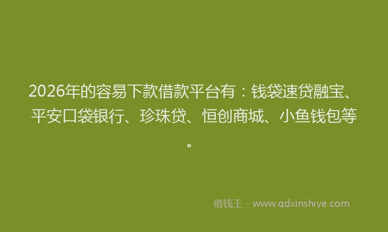 2026年的容易下款借款平台有：钱袋速贷融宝、平安口袋银行、珍珠贷、恒创商城、小鱼钱包等。