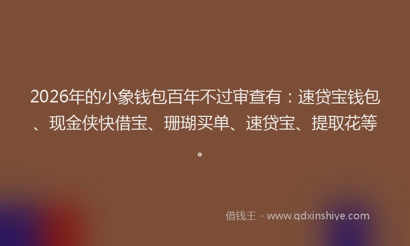 2026年的小象钱包百年不过审查有：速贷宝钱包、现金侠快借宝、珊瑚买单、速贷宝、提取花等。