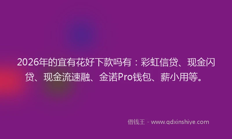 2026年的宜有花好下款吗有：彩虹信贷、现金闪贷、现金流速融、金诺Pro钱包、薪小用等。