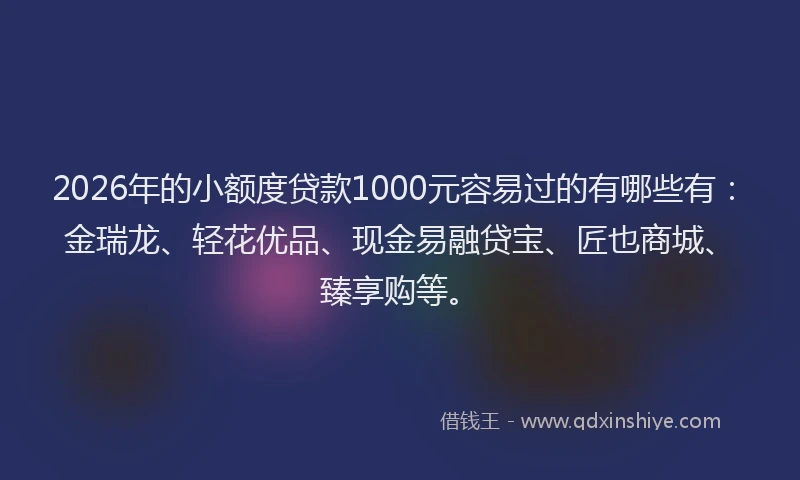 2026年的小额度贷款1000元容易过的有哪些有：金瑞龙、轻花优品、现金易融贷宝、匠也商城、臻享购等。