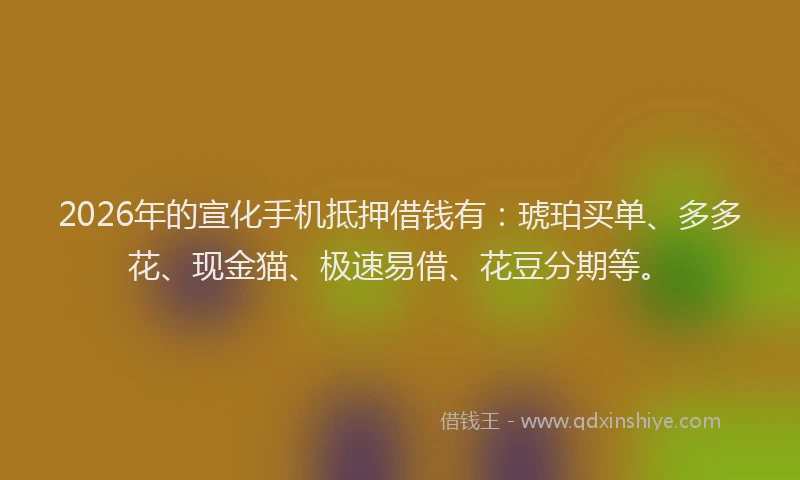 2026年的宣化手机抵押借钱有：琥珀买单、多多花、现金猫、极速易借、花豆分期等。