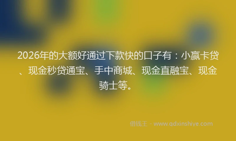 2026年的大额好通过下款快的口子有：小赢卡贷、现金秒贷通宝、手中商城、现金直融宝、现金骑士等。