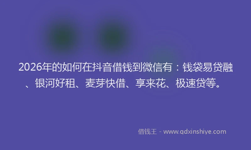 2026年的如何在抖音借钱到微信有：钱袋易贷融、银河好租、麦芽快借、享来花、极速贷等。