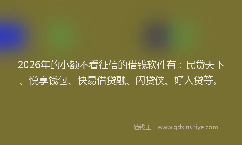 2026年的小额不看征信的借钱软件有：民贷天下、悦享钱包、快易借贷融、闪贷侠、好人贷等。