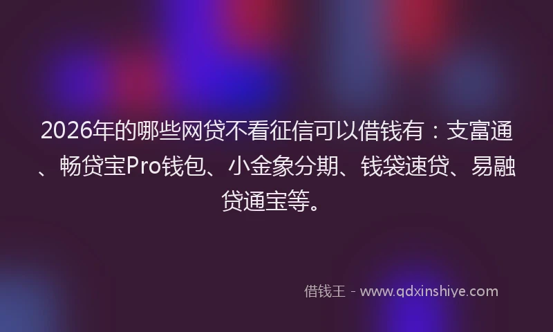 2026年的哪些网贷不看征信可以借钱有:支富通、畅贷宝Pro钱包、小金象分期、钱袋速贷、易融贷通宝等。