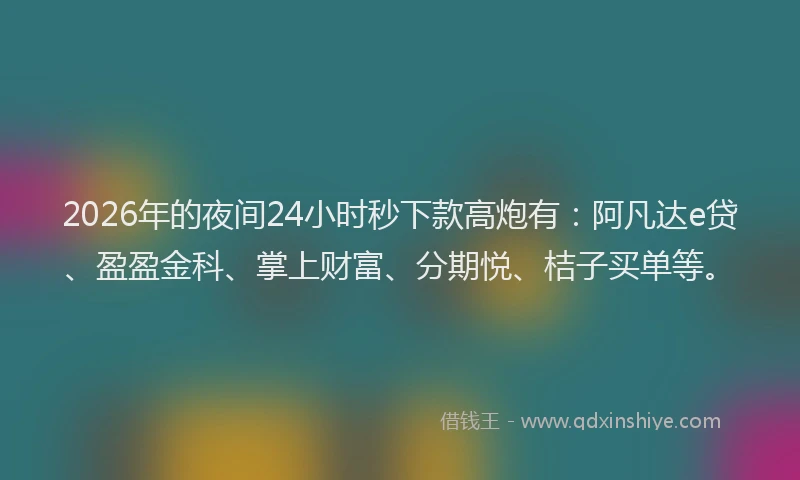 2026年的夜间24小时秒下款高炮有:阿凡达e贷、盈盈金科、掌上财富、分期悦、桔子买单等。