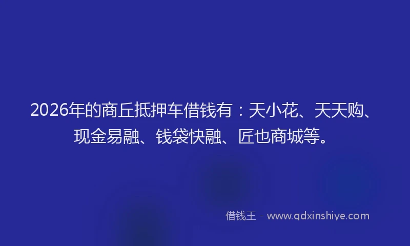 2026年的商丘抵押车借钱有：天小花、天天购、现金易融、钱袋快融、匠也商城等。