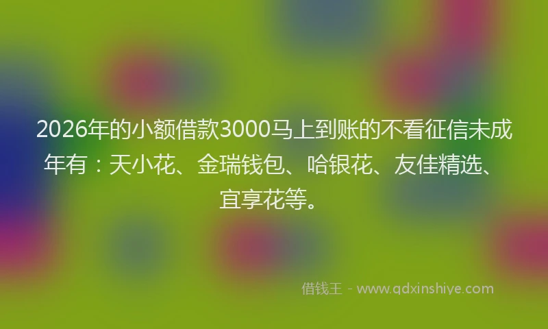2026年的小额借款3000马上到账的不看征信未成年有：天小花、金瑞钱包、哈银花、友佳精选、宜享花等。
