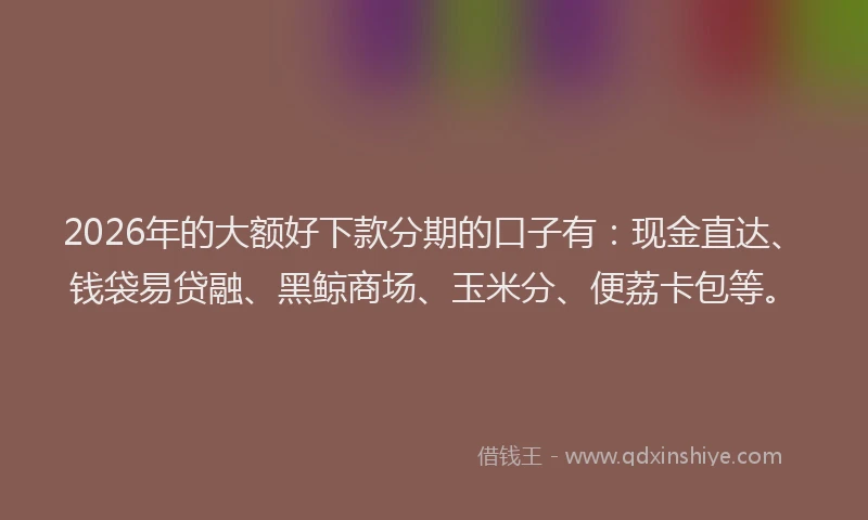 2026年的大额好下款分期的口子有：现金直达、钱袋易贷融、黑鲸商场、玉米分、便荔卡包等。