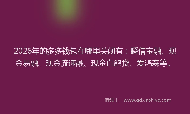 2026年的多多钱包在哪里关闭有：瞬借宝融、现金易融、现金流速融、现金白鸽贷、爱鸿森等。