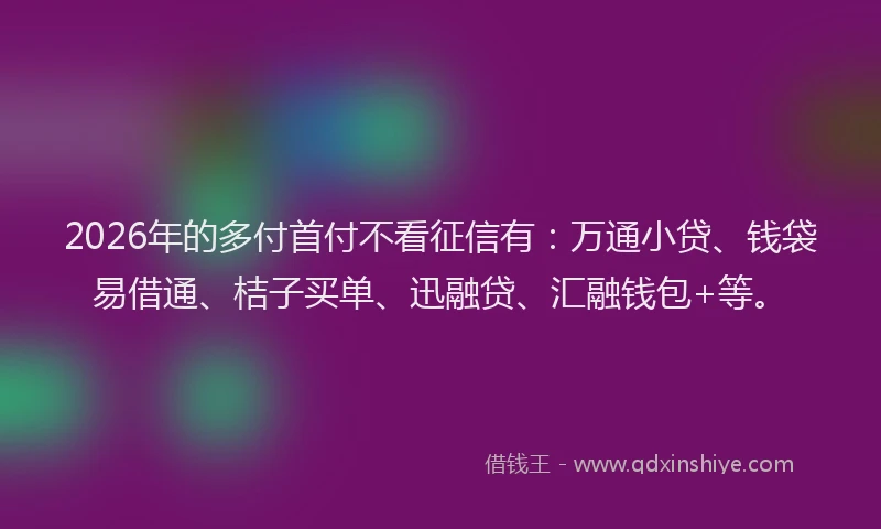 2026年的多付首付不看征信有：万通小贷、钱袋易借通、桔子买单、迅融贷、汇融钱包+等。