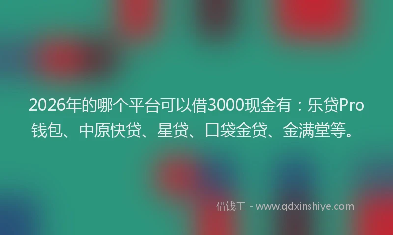 2026年的哪个平台可以借3000现金有:乐贷Pro钱包、中原快贷、星贷、口袋金贷、金满堂等。
