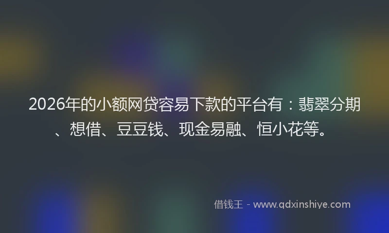 2026年的小额网贷容易下款的平台有：翡翠分期、想借、豆豆钱、现金易融、恒小花等。