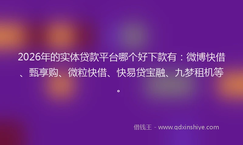 2026年的实体贷款平台哪个好下款有：微博快借、甄享购、微粒快借、快易贷宝融、九梦租机等。